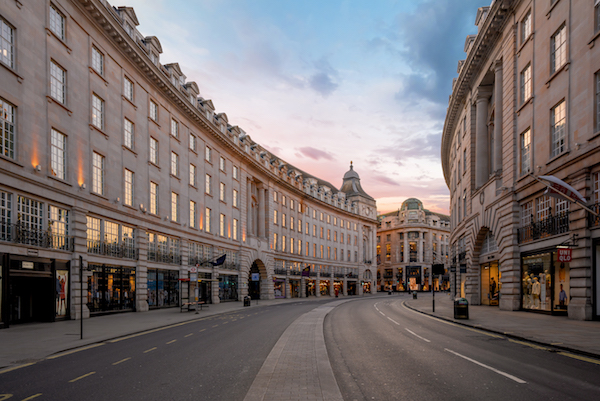 Regent St in London, deserted during lockdown, March 2020